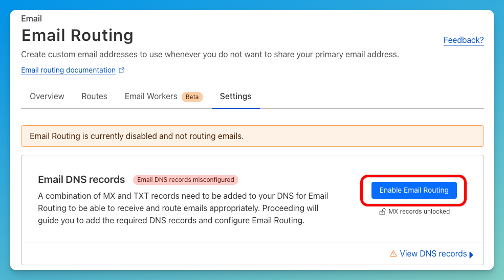 เปิดใช้งาน Cloudflare Email Routing 2.2